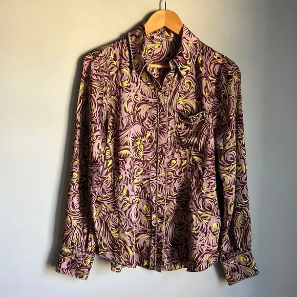 Cinq A Sept Purple Blanche Rhinestone Printed Button Front Top - Picture 2 of 15